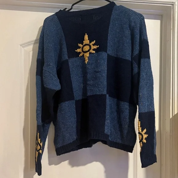 Navy and Yellow Hand Embroider Celestial Sweater - Picture 2 of 4